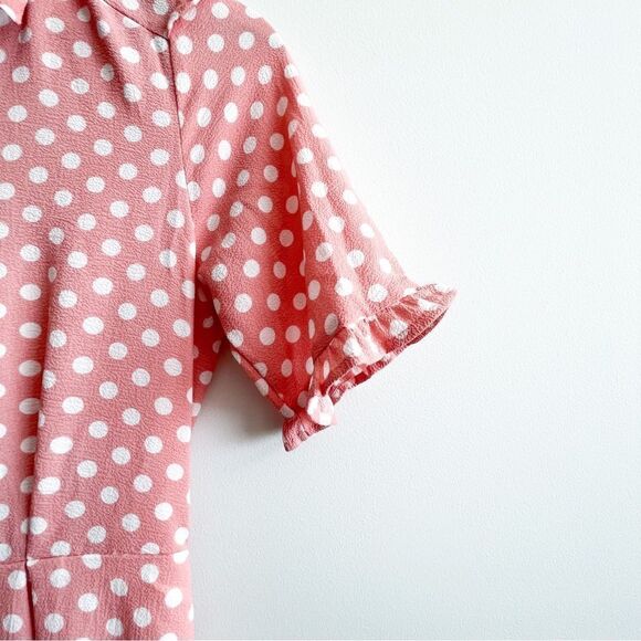 Monteau Dress Pink White Polka Dot Short Sleeved Button Up Fit & Flare Women's S - Picture 3 of 9